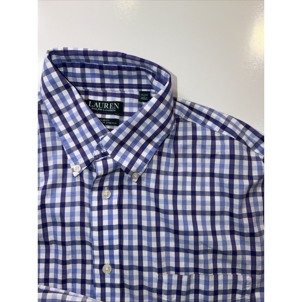 Lauren Ralph Lauren Shirt Mens Large White Blue Check Button Performance Stretch